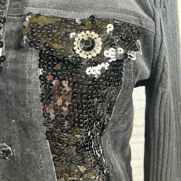 berek | black denim sequin jean jacket with knitted back petite size: MP - Picture 6 of 14